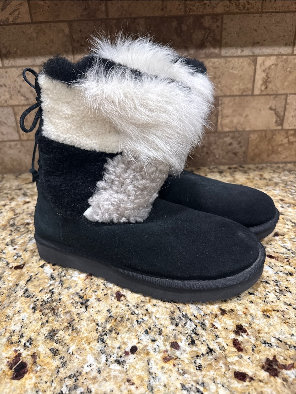 Ugg Patchwork Fluff Classic Short Bootie Black Suede Size 10